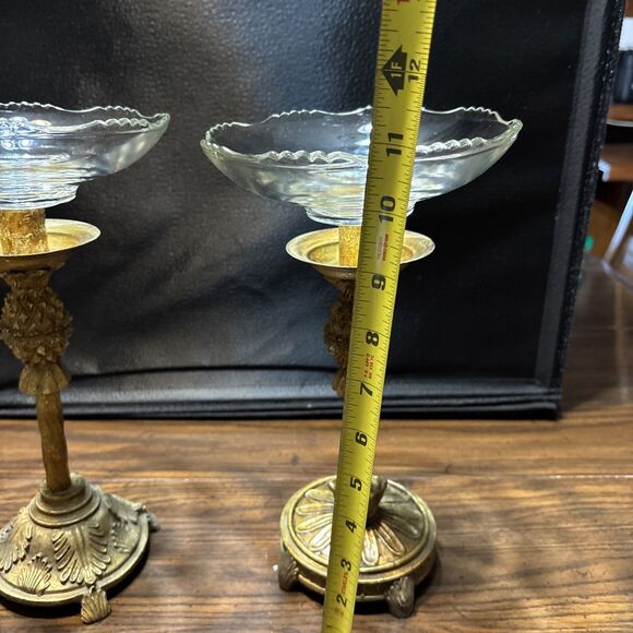 Pair Of Vintage MCM Gold Tone Resin Glass Pineapple Candle Holders/ Compote - Picture 10 of 10